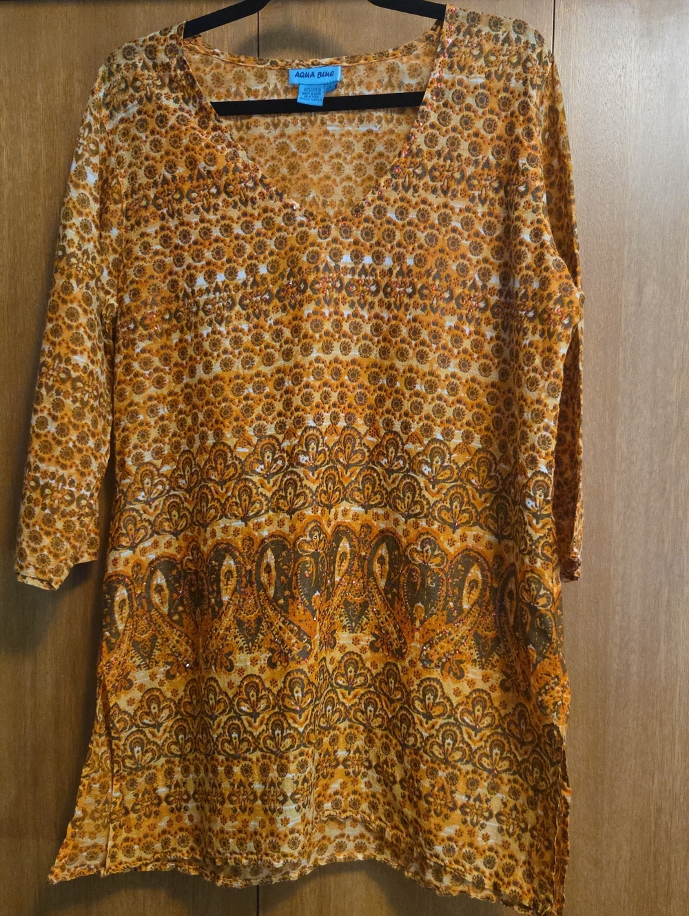 Aqua Blu Golden Orange Paisley V-Neck Tunic